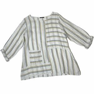 Zen Italy White Linen Scoop Neck 3/4 Sleeve Striped Lagenlook Blouse Size Large